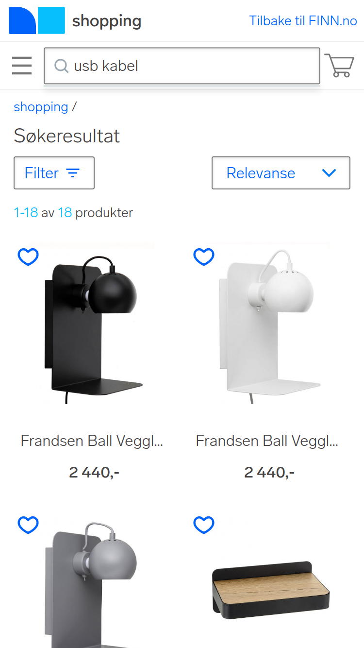 Skjermbilde som viser at Finn Shopping hadde svært dårlig vareutvalg.