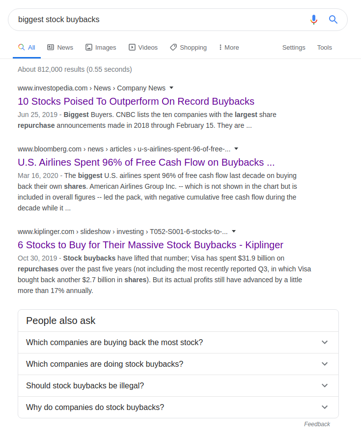 Googlesøk på "biggest stock buybacks" 29. mars 2020. (del_1)