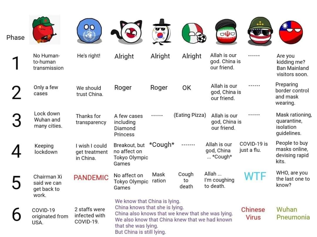 Polandball illustrasjon om forskjellige lands reaksjon til viruset.